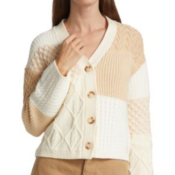 Rails Reese V Neck Cream Patchwork Cable Knit Cardigan Size S